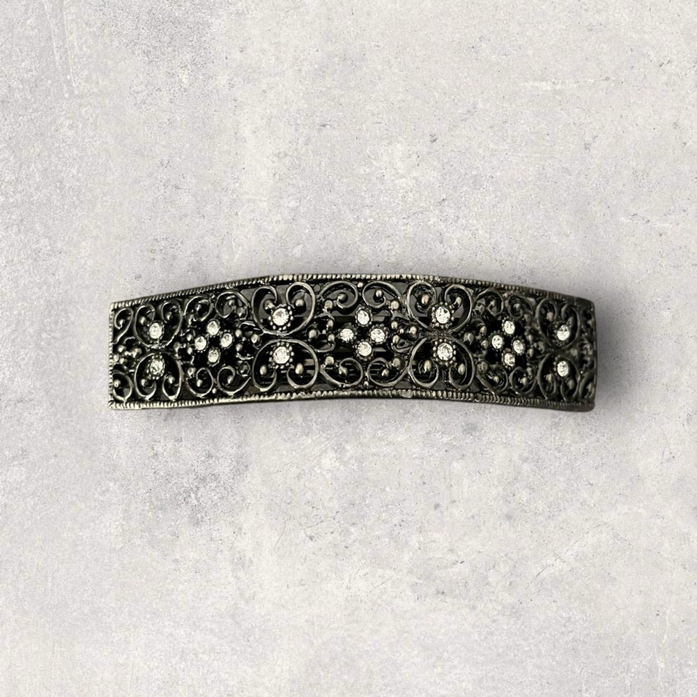 Vintage Ornate Silver Metal Rhinestones Large Hair Barrette Clip